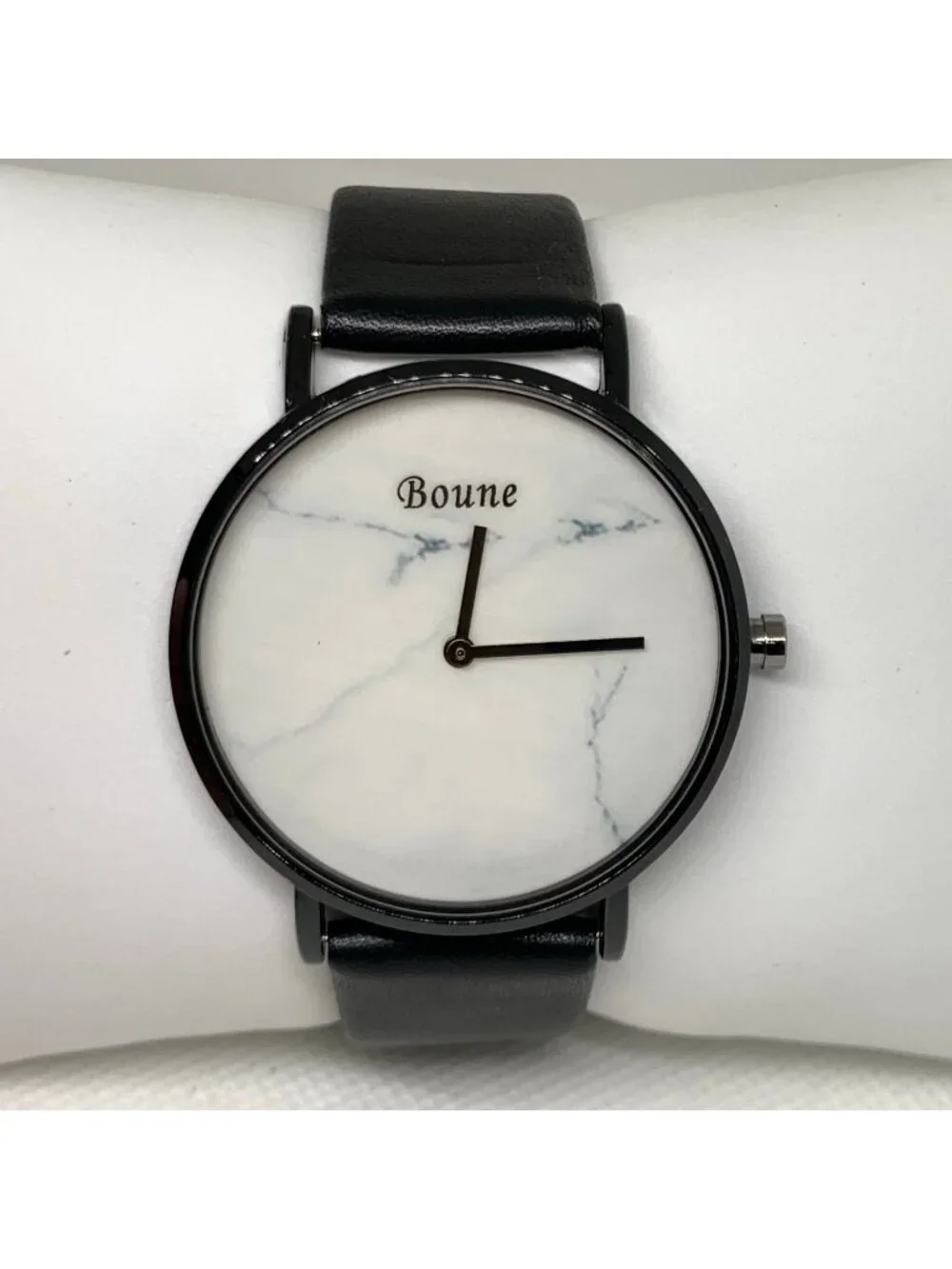 Boune men’s quartz analog watch black tone 40mm white dial leather band running
